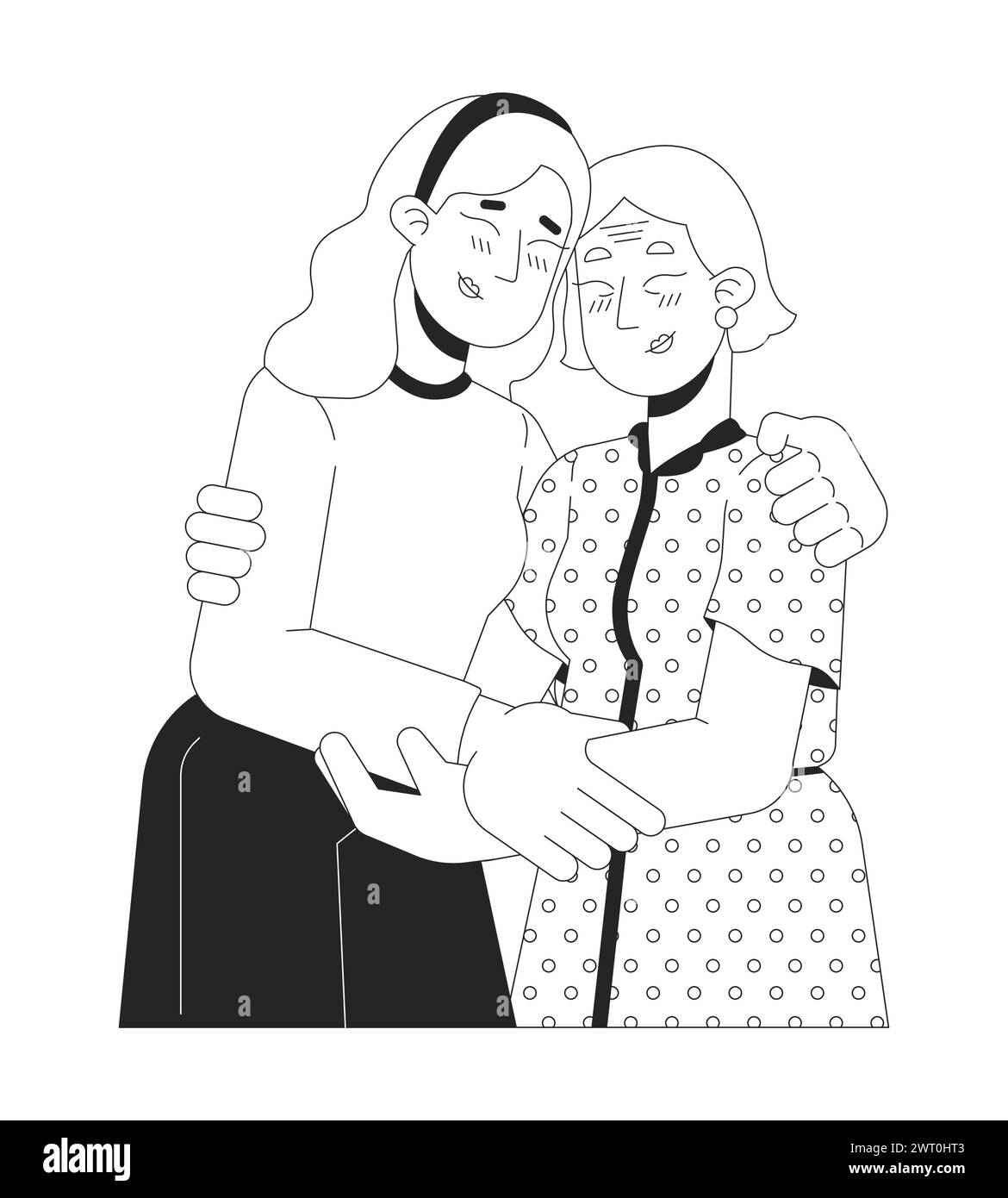 Caucasian Elderly Mother Daughter Hugging Black And White 2d Line