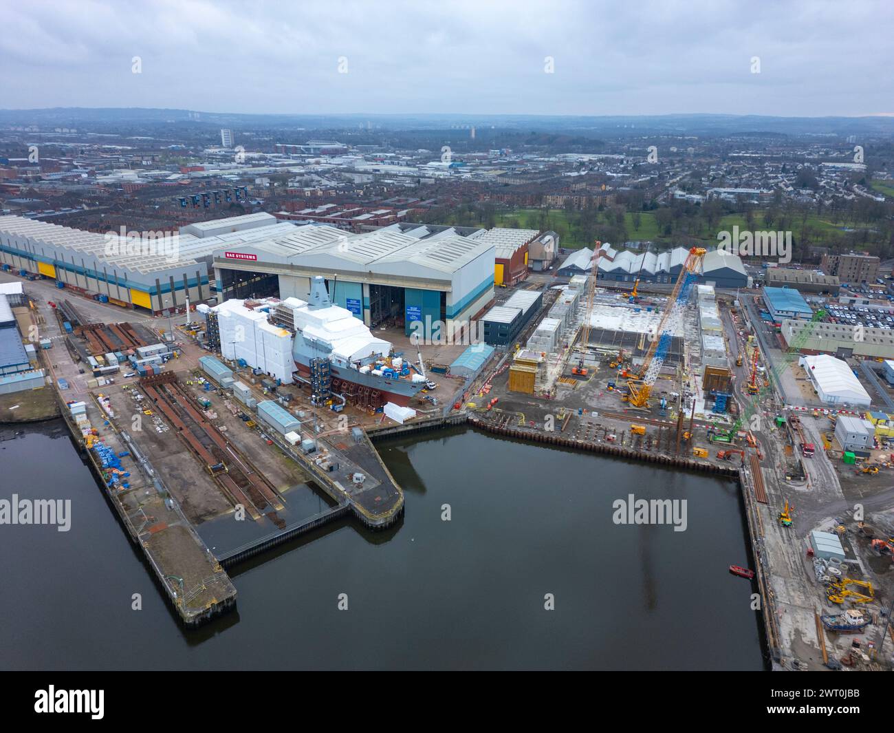Aerial view of HMS Cardiff seen under construction at BAE Systems shipyard on the River Clyde at Govan. She is the second Type 26 frigate to be built Stock Photo