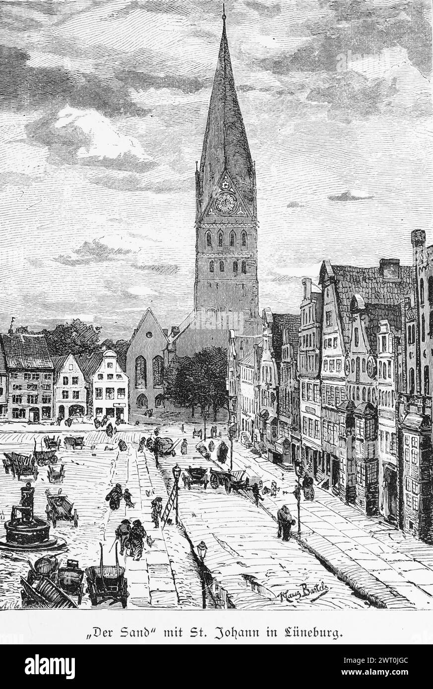 Square The Sand with St. John's Church, Lueneburg, Lower Saxony, Germany, church tower, clock tower, gabled houses, old town, market, cart, people Stock Photo