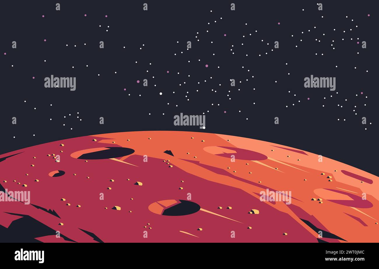 Flat Design of Planet Surface in Outer Space with Stars in Dark Sky Stock Vector