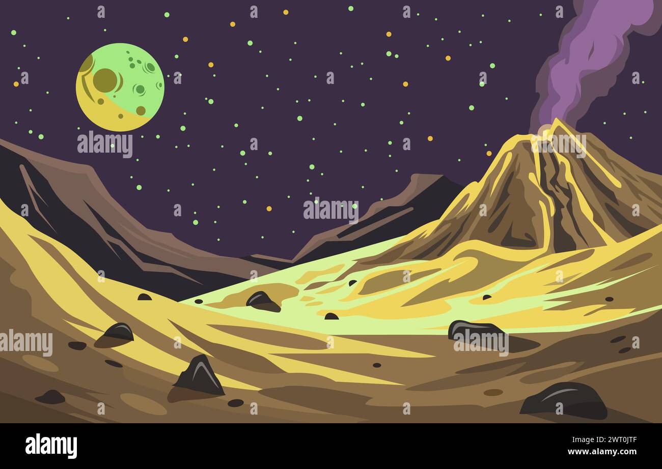 Flat Design of Beautiful Landscape in Outer Space with Smoky Volcanic Mountain and Planet Stock Vector