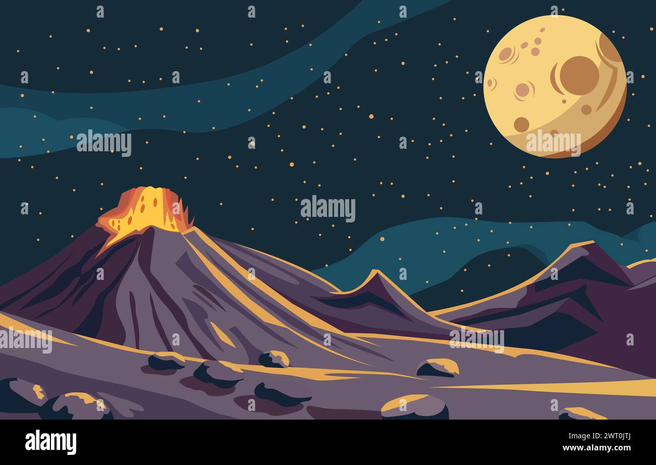 Flat Design of Beautiful Landscape in Outer Space with Fiery Volcanic Mountain and Planet Stock Vector