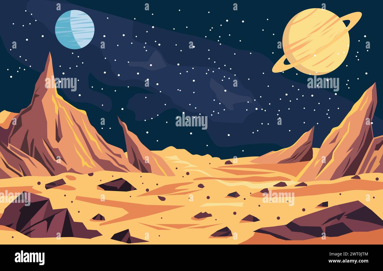 Flat Design of Beautiful Landscape in Outer Space with Saturn Planet in Dark Sky Stock Vector