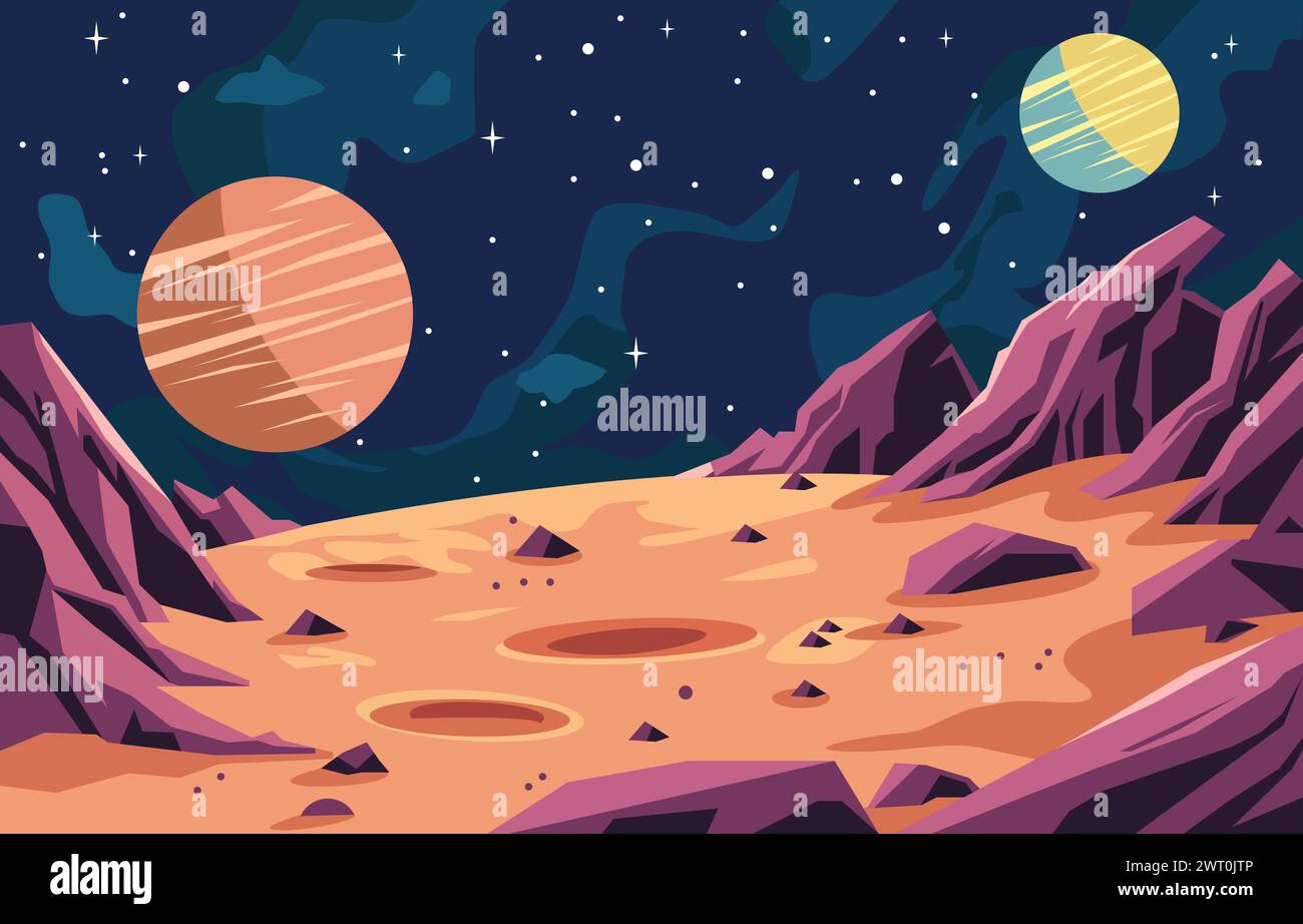 Flat Design of Beautiful Landscape in Planet Surface with Rock Stone in Outer Space Stock Vector