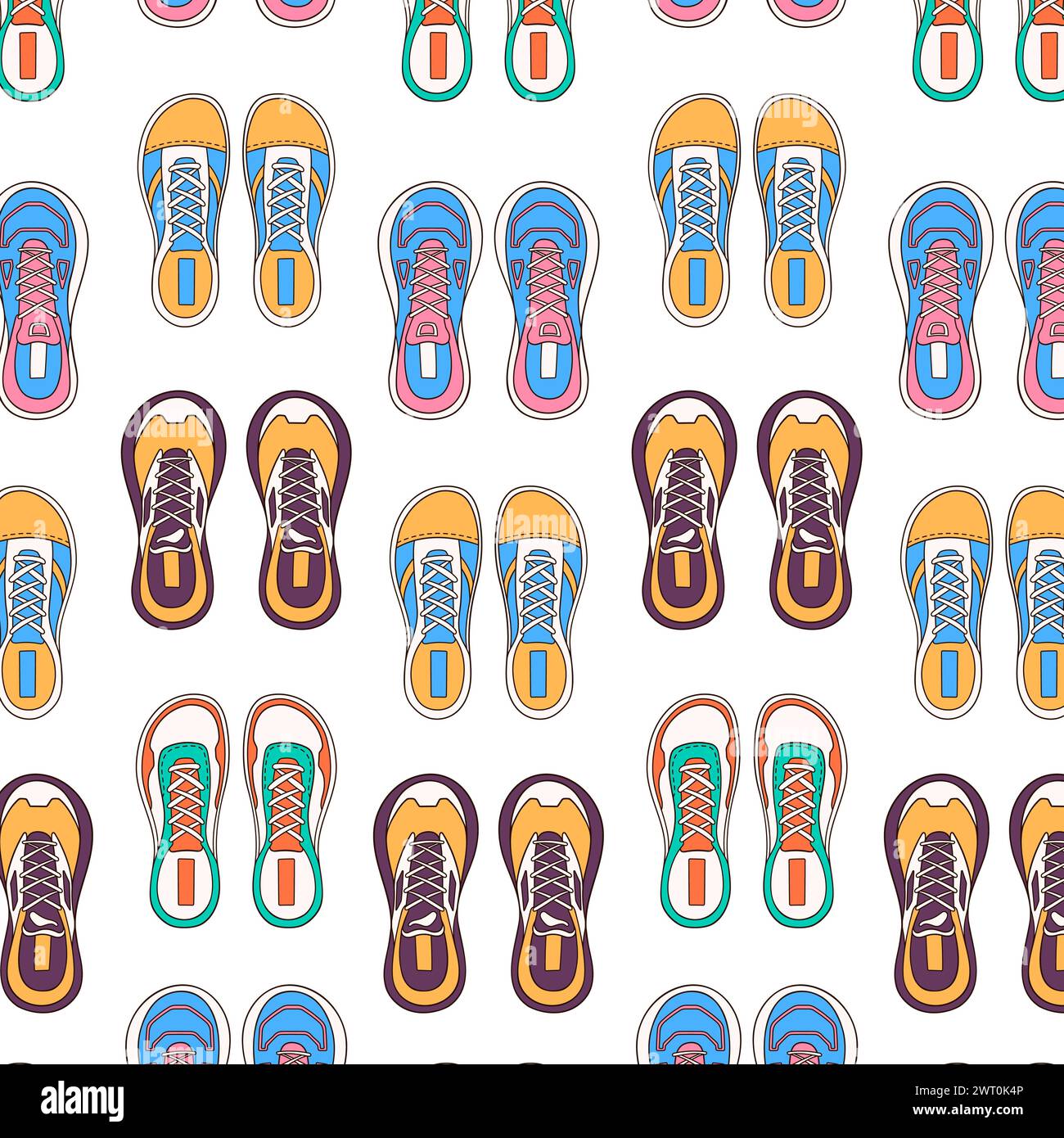 Cartoon style sneakers seamless pattern. Casual footwear, fitness training shoes. Vector illustration on a white background. Stock Vector