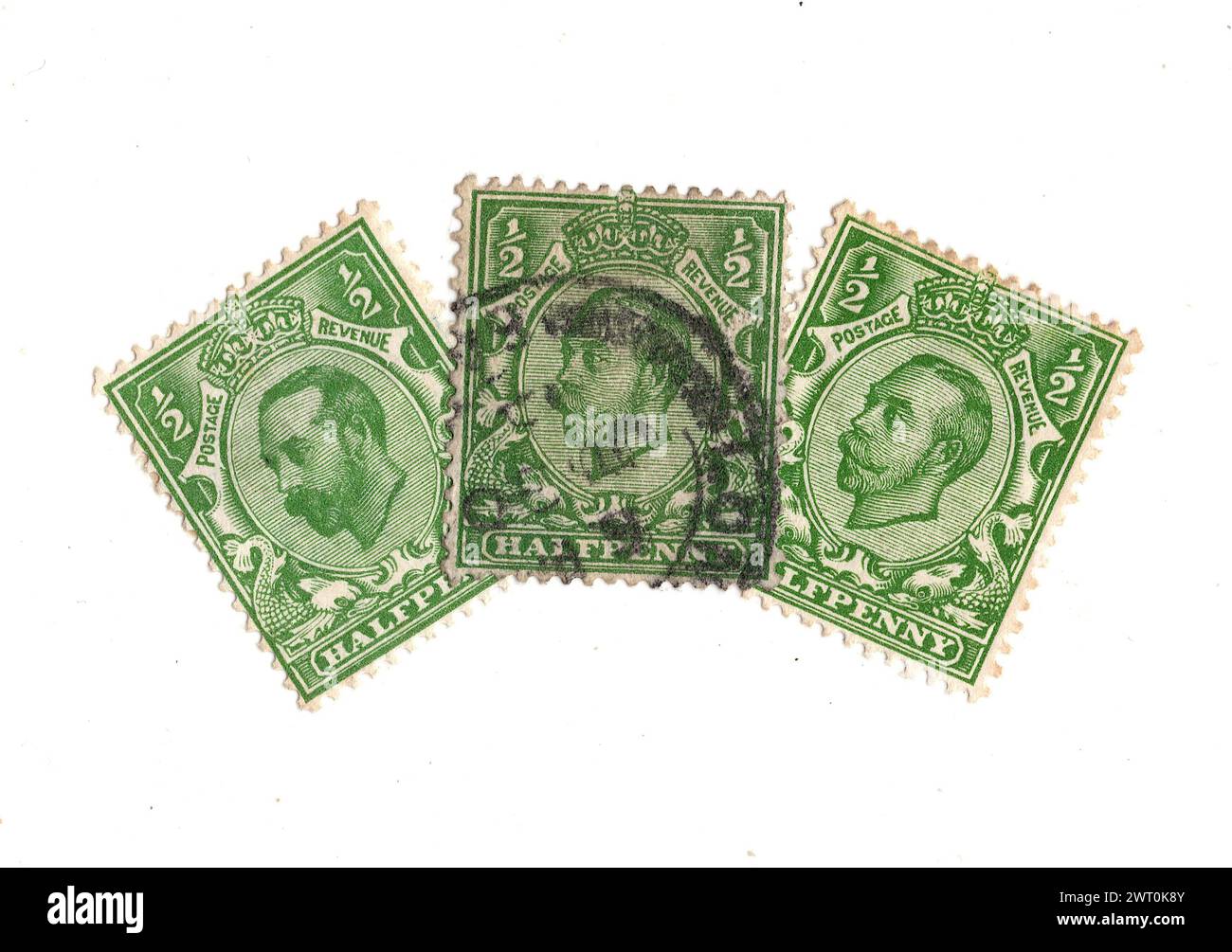 Vintage King V halfpenny postage stamps from Great Britain