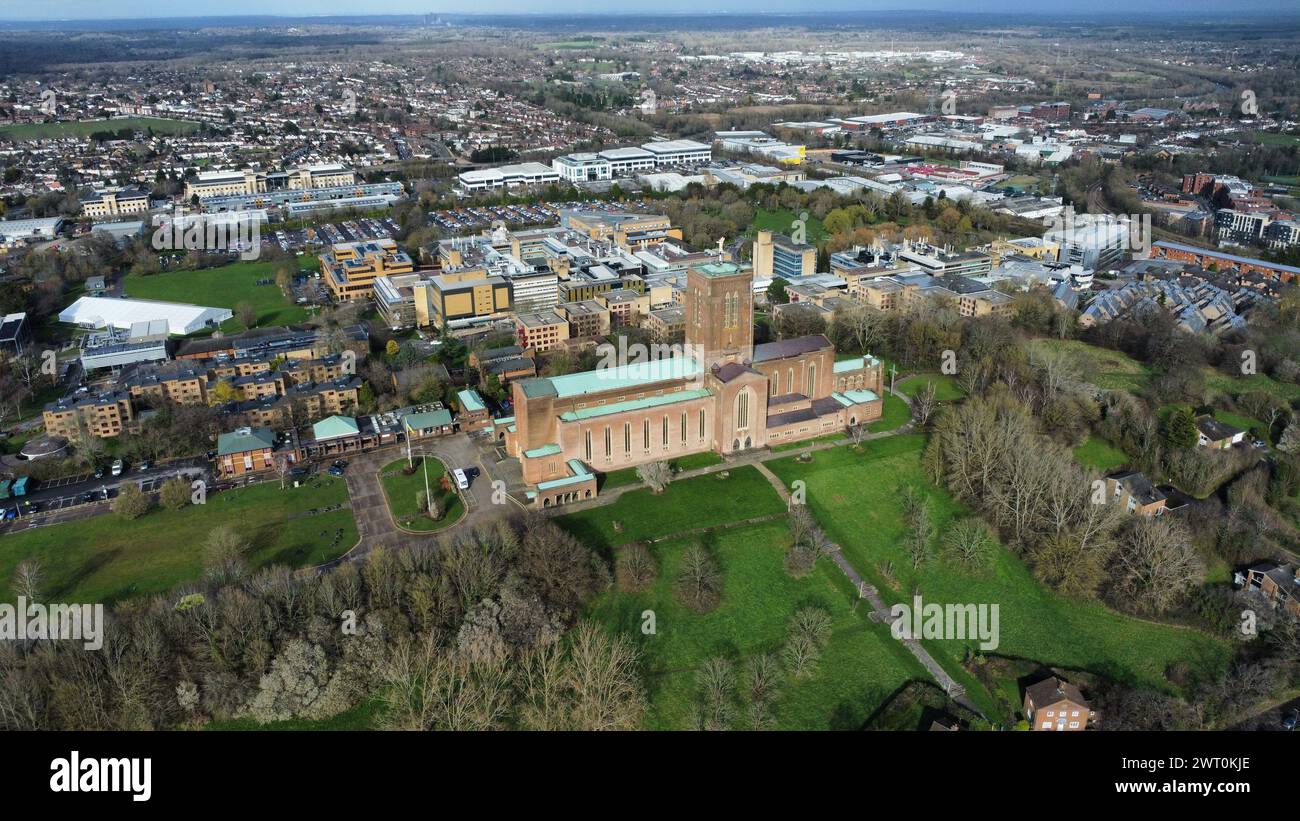An aerial view of the Guildford Cathedral in England. Stock Photo