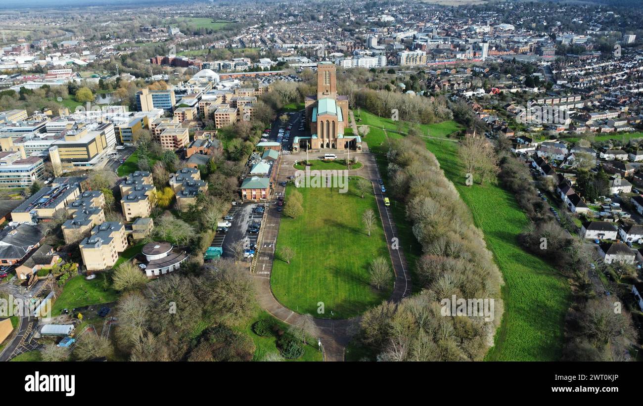 An aerial view of the Guildford Cathedral in England. Stock Photo