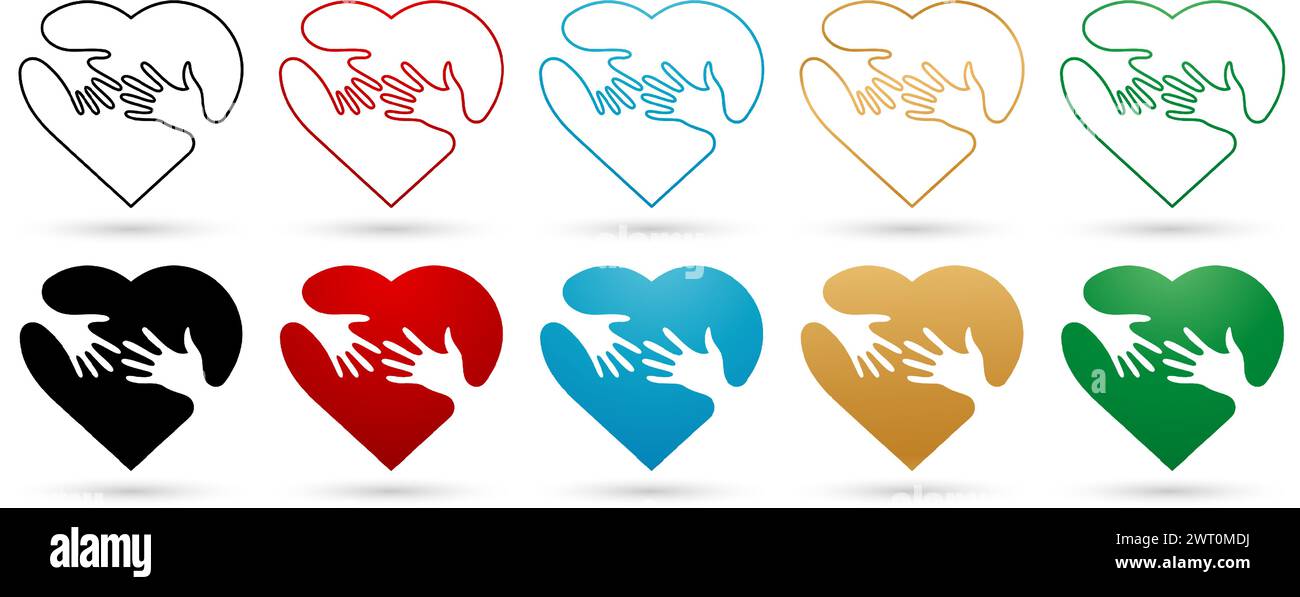 vector illustration colorful set of Hands and heart icons isolated on white background for Presentations, decks, User interface experience, Stock Vector