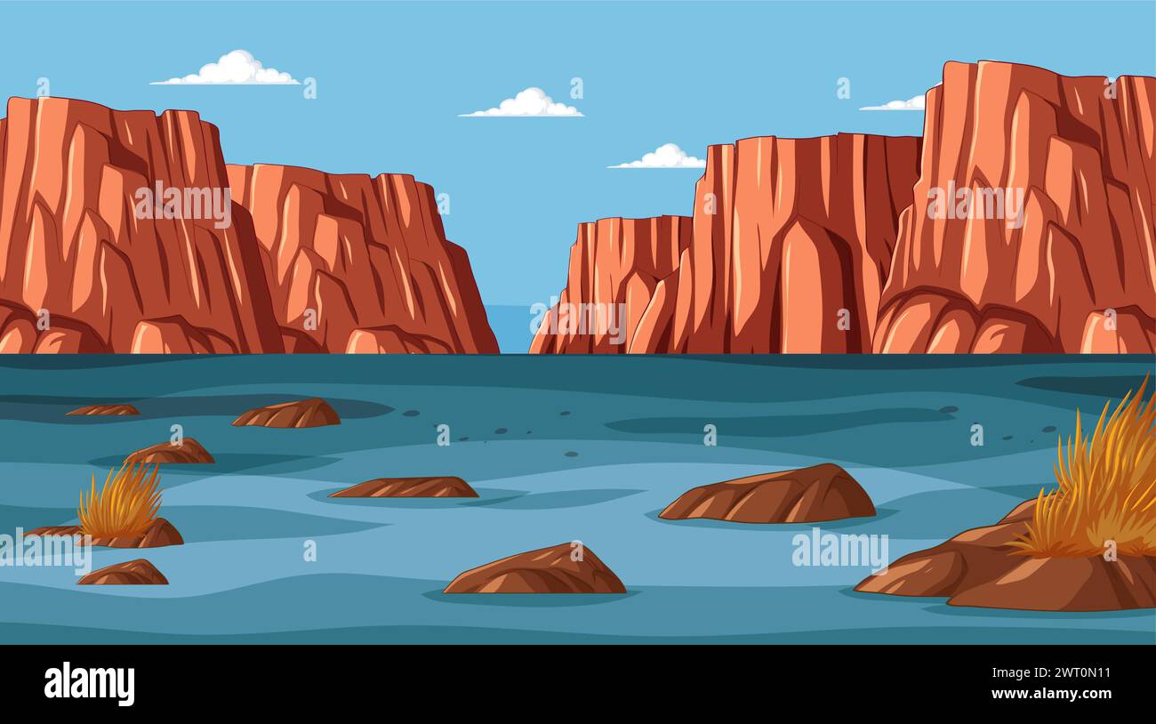 Vector illustration of a tranquil river canyon scene Stock Vector
