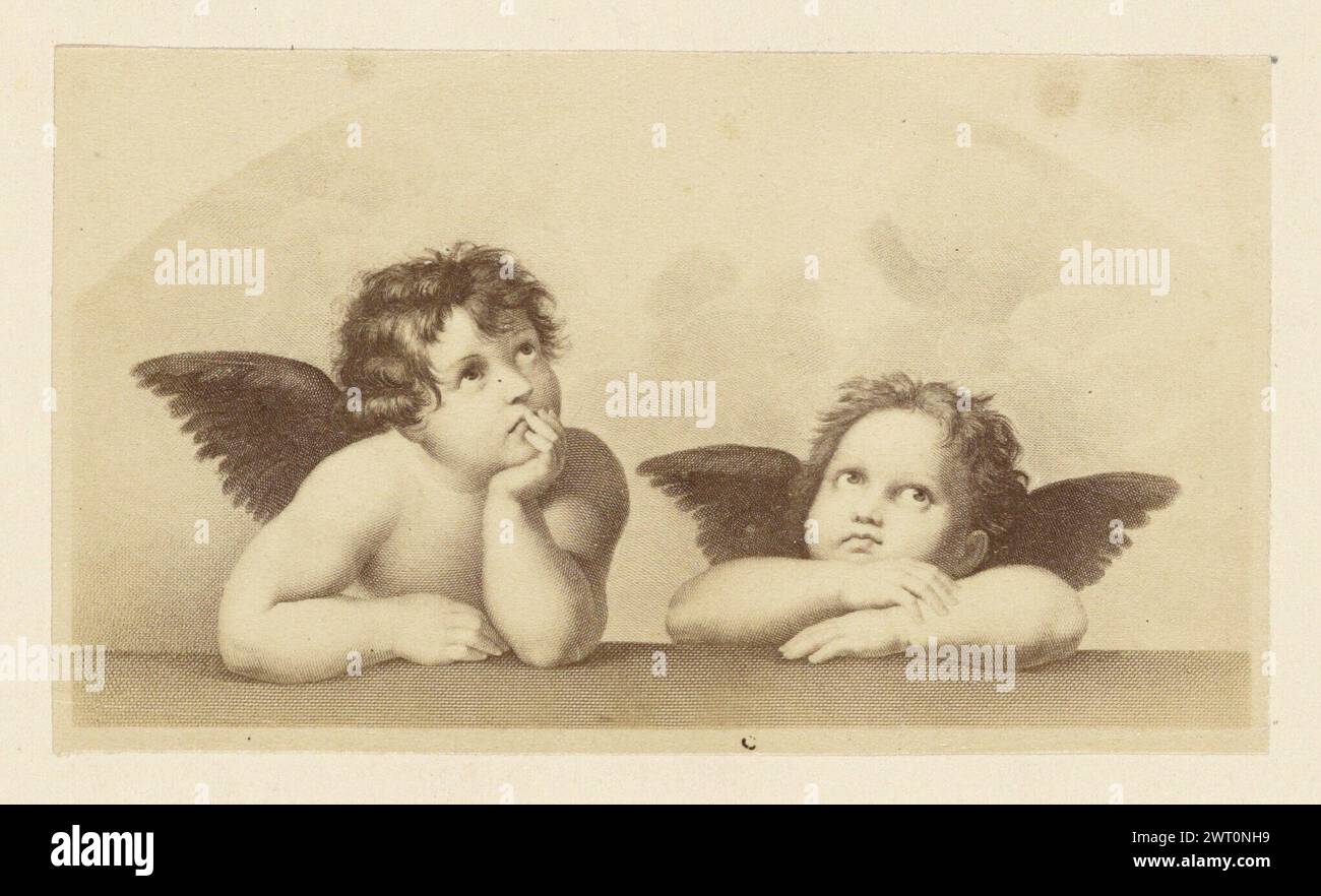 Detail of cherubim from Raphael's 'Sistine Madonna'. Unknown, photographer about 1865–1885 Painting of two winged cherubim. One is resting his chin in one hand. The other is resting his head on crossed arms. Stock Photo