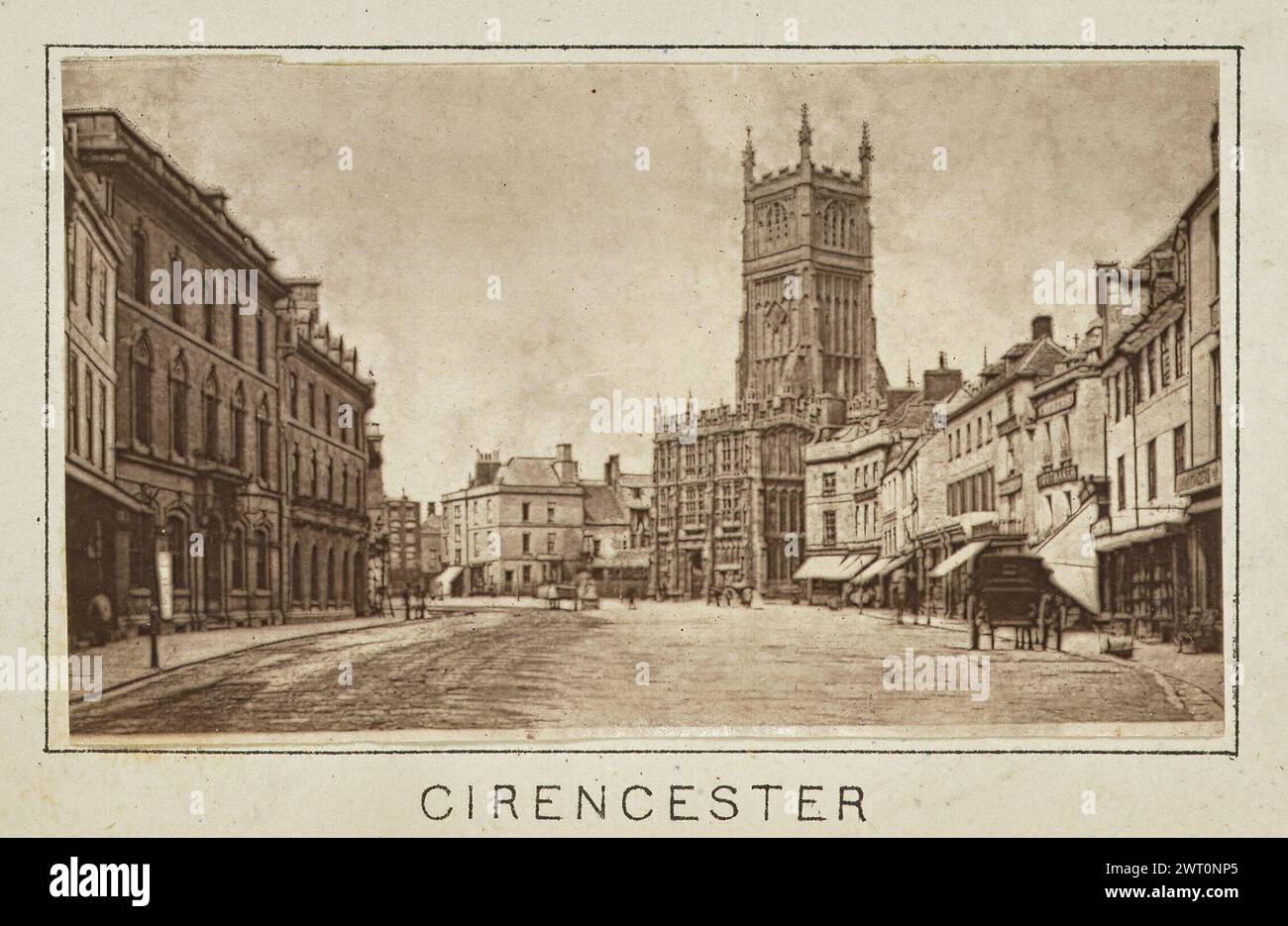 Cirencester. Henry W. Taunt, photographer (British, 1842 - 1922) about 1886 One of three tipped-in photographs illustrating a printed map of Kemble, Somerford Keynes, and the surrounding area along the River Thames. The photograph shows a view down Market Place looking towards the Church of St. John the Baptist in Cirencester. A horse-drawn carriage stands in the road in front of a row of shops on the right side of the image. Pedestrians are visible across the street and sidewalks. (Recto, mount) lower center, below image, printed in black ink: "CIRENCESTER" Stock Photo