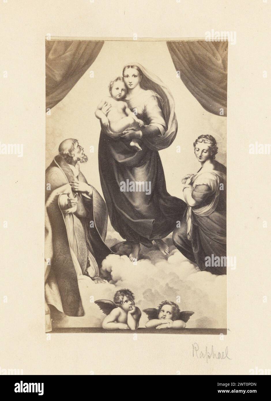 'Sistine Madonna' by Raphael. Unknown, photographer about 1865–1885 Painting depicting the Virgin Mary holding the infant Christ. She is flanked by an elderly man wearing robes (Saint Sixtus) and a woman (Saint Barbara) looking down. The group is standing on clouds. There are two winged cherub resting on their elbows at the bottom of the painting. (Recto, mount) center, below image, pencil: 'Raphael'; Stock Photo