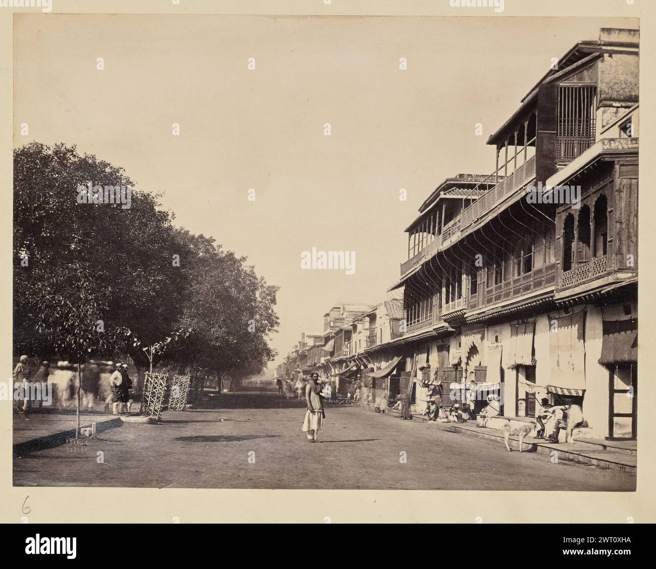 Calcutta street view. Francis Frith & Co., photographer 1850s–1890s View down a street in Calcutta. The street is lined on one side with various shops, and a row of trees on the other. A man stands in the middle of the street looking towards the camera as pedestrians, shopkeepers, and animals move about around him. (Recto, mount) lower left, below print, handwritten in pencil: '6' Stock Photo