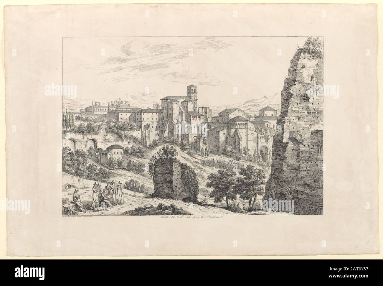 Veduta del Colle Celio, presa dal Palatino from Sette Colli, 1825. Pinelli, Bartolomeo. 1825 This copy of the suite was shown in the 1956 exhibition Mostra di Bartolomeo Pinelli. See the Itinerario, which accompanies, Incisa della Rochetta, Giovanni. Bartolomeo Pinelli. Roma: Amici dei Musei di Roma, 1956. Title from: Itinerario. The Veduta del Colle Capitolino, presa dalle falde del Colle Aventino displays Alessandro Castignari's collector's mark on the verso (Lugt 86a). Ref.: Pacini, Renato. Bartolomeo Pinelli e la Roma del tempo suo. Milano: S.A. Fratelli Treves Editori, 1935, p. 115, 134-1 Stock Photo