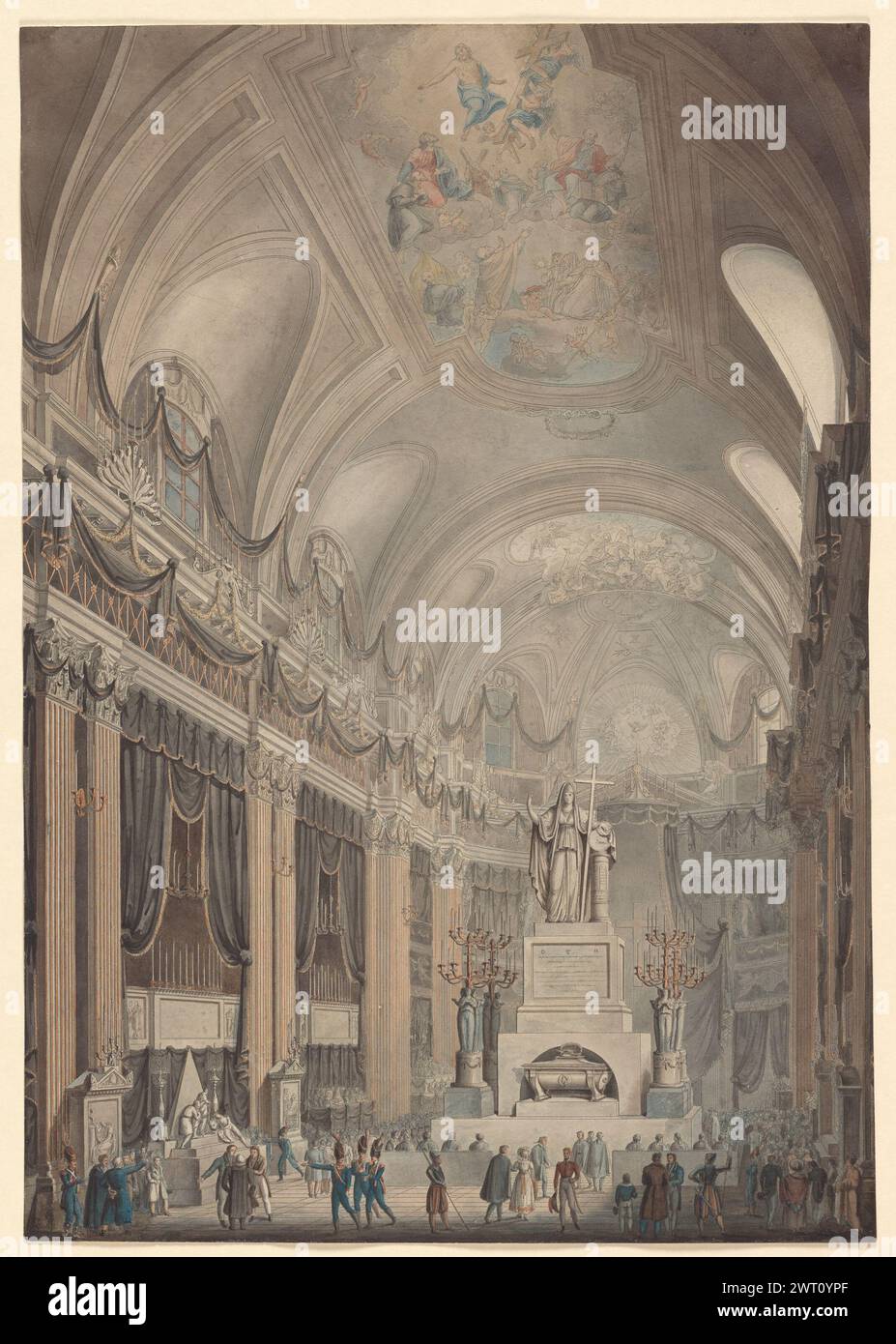 Solemn funeral pomp observed in Rome in the Church of the Apostles for the funeral of the deceased Marquis Antonio Canova, circa 1823. [ca. 1823] Church of the Apostles The print, after a drawing by Giuseppe Valadier, depicts the funeral of sculptor Antonio Canova held in the Church of the Apostles (Chiesa dei Ss. Apostoli). The interior has been draped with black hangings and illuminated with large candelabra. Canova's Tomb of the Archduchess Maria Christina of Austria is shown on the left. Title and date from Anna Villari's essay 'Apoteosi funeraria di Canova a Roma: Fortuna e sfortuna negli Stock Photo