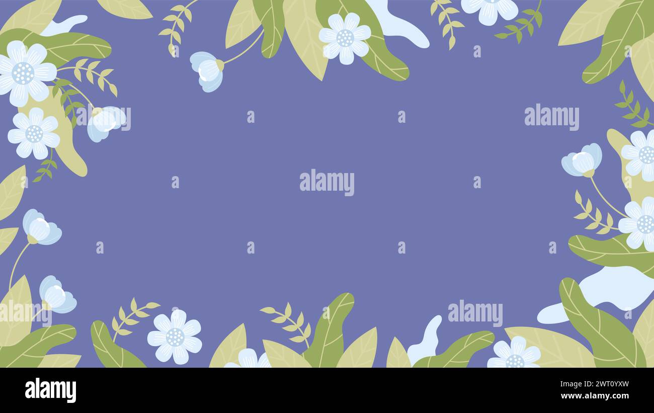 Floral banner. Gently blue flowers on blue background. Horizontal poster template. Vector illustration in flat style. Stock Vector