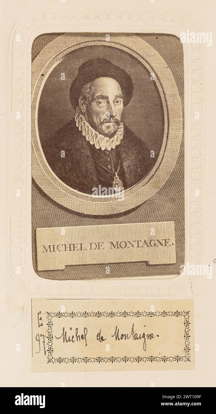 Michel de Montaigne. Unknown, photographer about 1870 A portrait of Michel Eyquem de Montaigne, a French philosopher also known as Lord of Montaigne. He is depicted wearing a hat and an Elizabethan ruff. (Verso, print) center, black ink: 'No 1216'; (Recto, album page) lower center, below image, black ink on white paper label: 'E/97 [space] Michel de Montaigne.'; Stock Photo