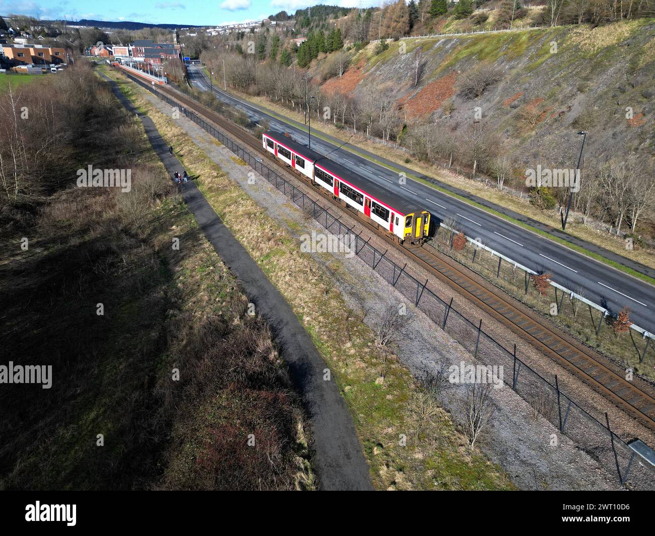 Transport For Wales Sprinter 150250 approaching Ebbw Vale Town Railway Station on 12th February 2024 Stock Photo