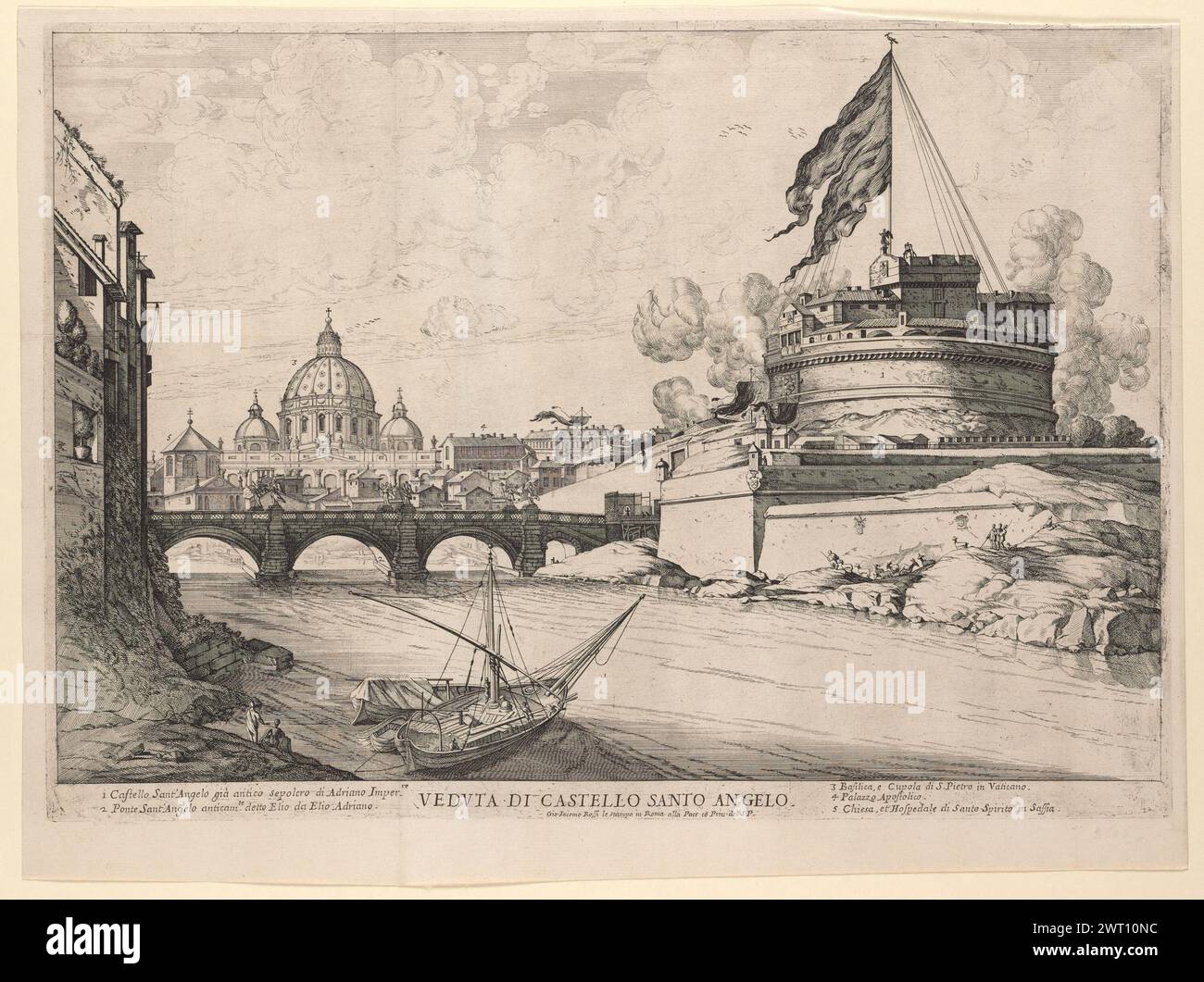 Veduta di Castello Santo Angelo, undated. undated Castel Sant'Angelo The print depicts the Castel Sant'Angelo, flying a large flag and surrounded by artillery smoke with the Basilica di San Pietro in Vaticano in the background, the bridge, and a sailing vessel in the foreground. With a legend of 5 sites including Castel Sant'Angelo, Saint Peter's, and the church and hospital of Santo Spirito in Sassia. Imprint: Rome, Giovanni Jacomo Rossi la Stampa in Roma alla Pace. Ref.: The Illustrated Bartsch. Vol. 47, pt. 2. Commentary. Italian Masters of the Seventeenth Century: Giovanni Battista Falda, Stock Photo