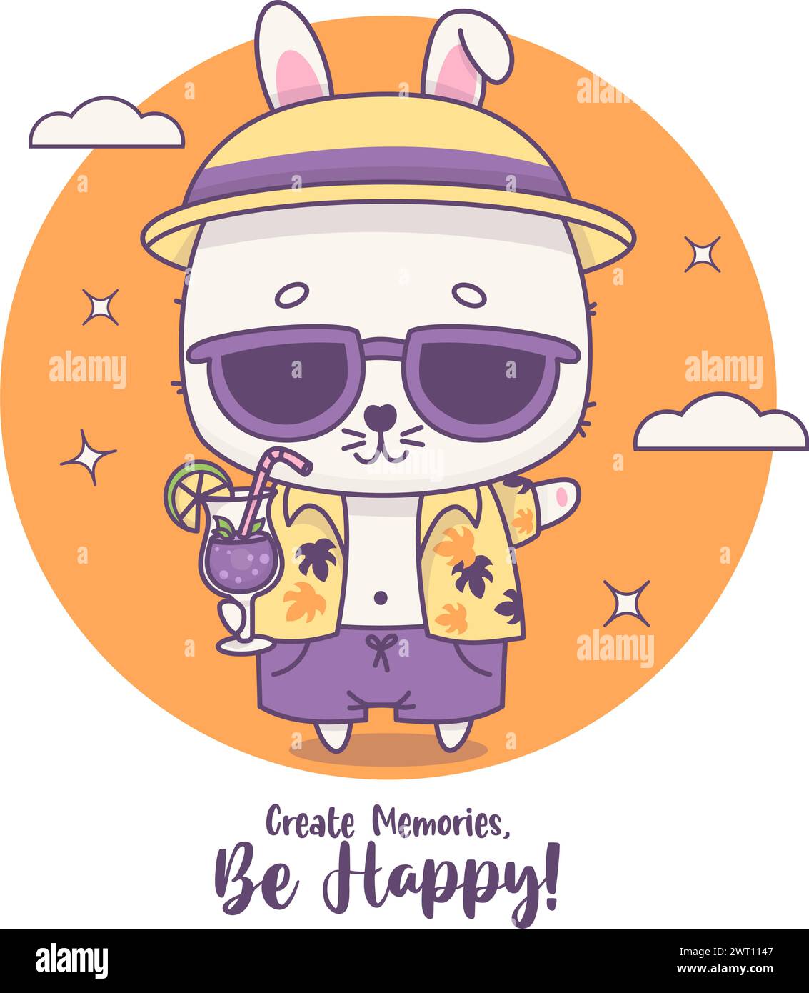 Happy beach bunny boy in sunglasses with cocktail. Funny kawaii animal character. Vector illustration. Stock Vector