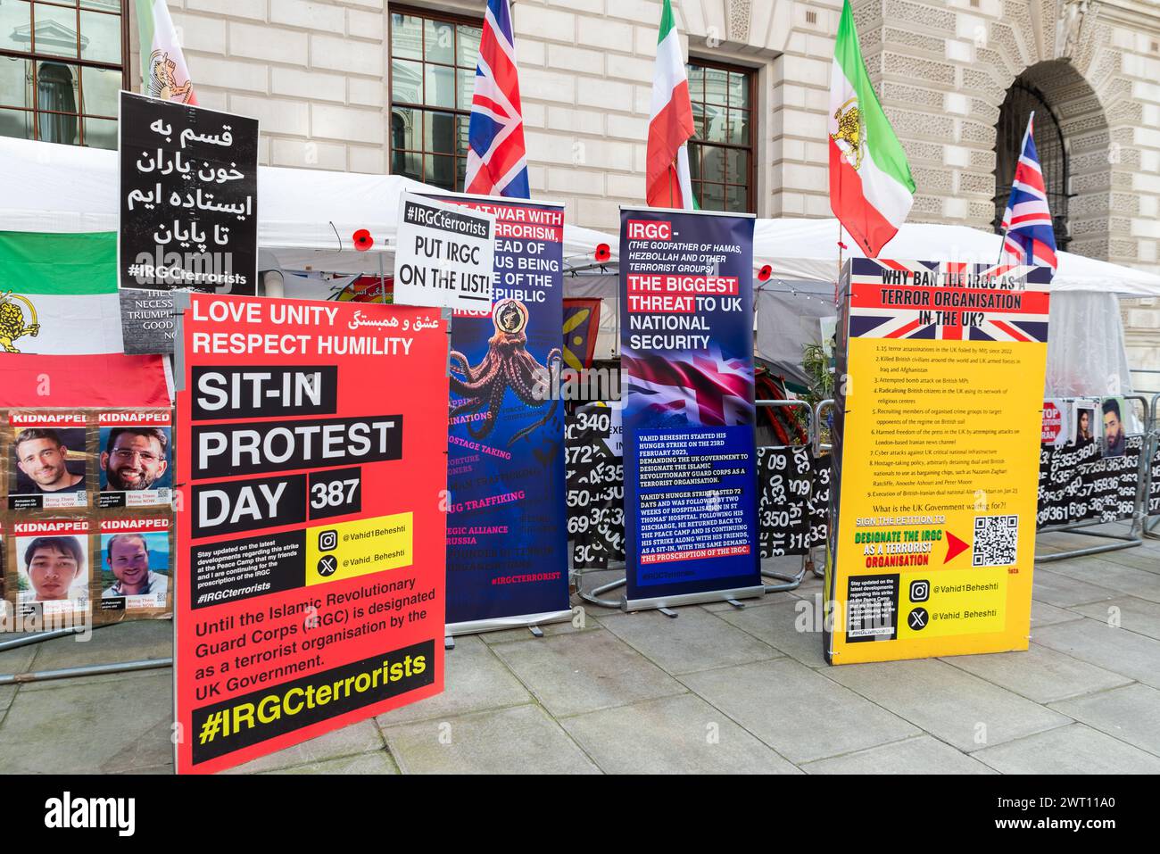 Anti Islamic Revolutionary Guard Corps (IRGC) protest camp in King Charles Street, London, UK, outside Foreign, Commonwealth & Development Office Stock Photo