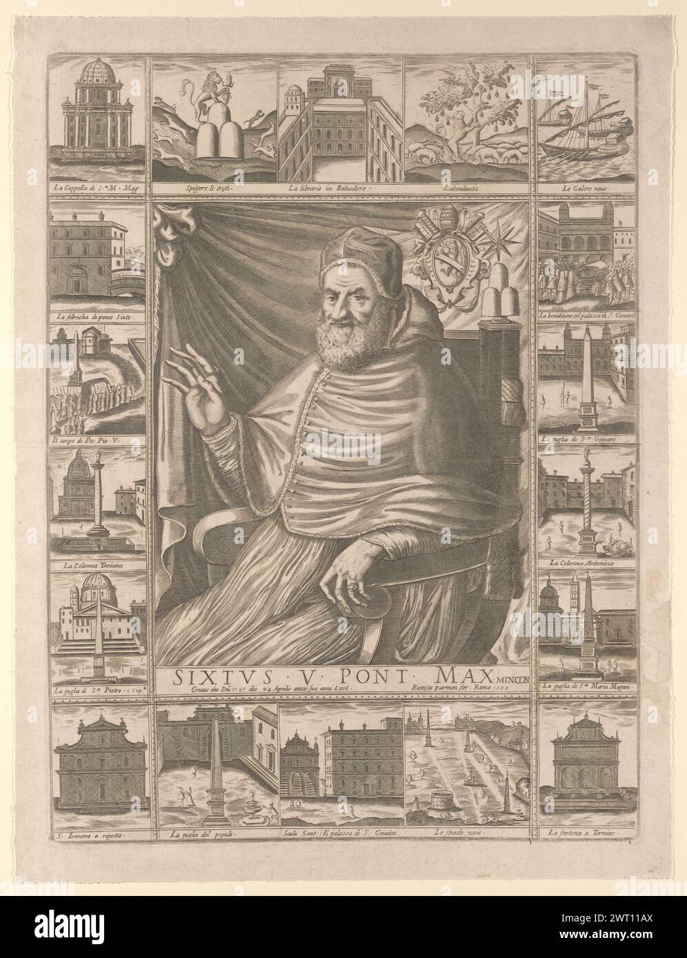 Sixtus V Pont Max min con creatus ano Dni 1585 die 24 aprilis aetatis sue anni LXVI, 1589. Pensieri, Battista. 1589 A seated portrait of Pope Sixtus V is surrounded by 16 images of his public works and two representations of his familial coat of arms. The year and the date in April of the Pope's consecration, as well as the year of production appear to have been added to the print after the plate was initially executed. With Pecci-Blunt's collector's marks, in black ink, on the verso. Imprint: Rome. Anna Laetitia Pecci-Blunt collected prints, published works, drawings and paintings thematicall Stock Photo