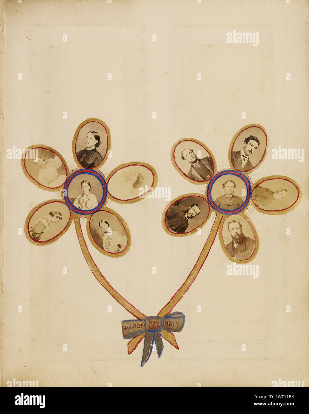 Brocklesby Party. Unknown November 1867 A photo collage of two gold ink flowers tied together with a bow. The petals of each flower are made up of portraits, with female portraits on the left flower and male portraits on the right. Victoria Alexandrina Hare, Lady Yarborough, is at the center of the left flower. Her husband, Charles Anderson-Pelham, 3rd Earl of Yarborough is at the center of the right flower. Other sitters include Eleanor Cecilia (née Hare), Lady Heneage, Colonel Cuthbert Larking, and the Honorable Ralph Hare. (Recto, album page) lower center, red ink: 'BROCKLESBY [space] NOV/1 Stock Photo