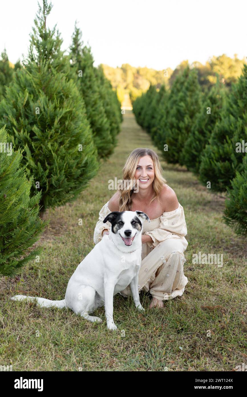 Holiday bliss with a dog amidst Christmas pines Stock Photo