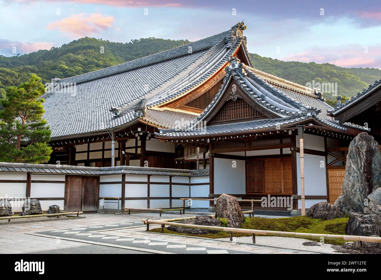 Exterior of the Arashiyama temple in Kyoto, Japan. Image taken from a public street. Stock Photo