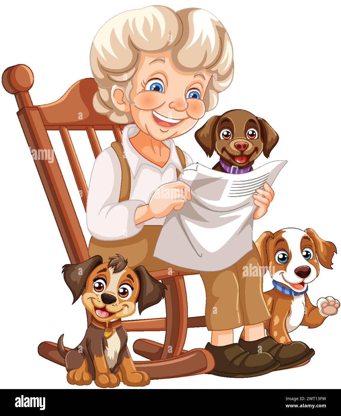 Elderly woman enjoys reading with her dogs. Stock Vector