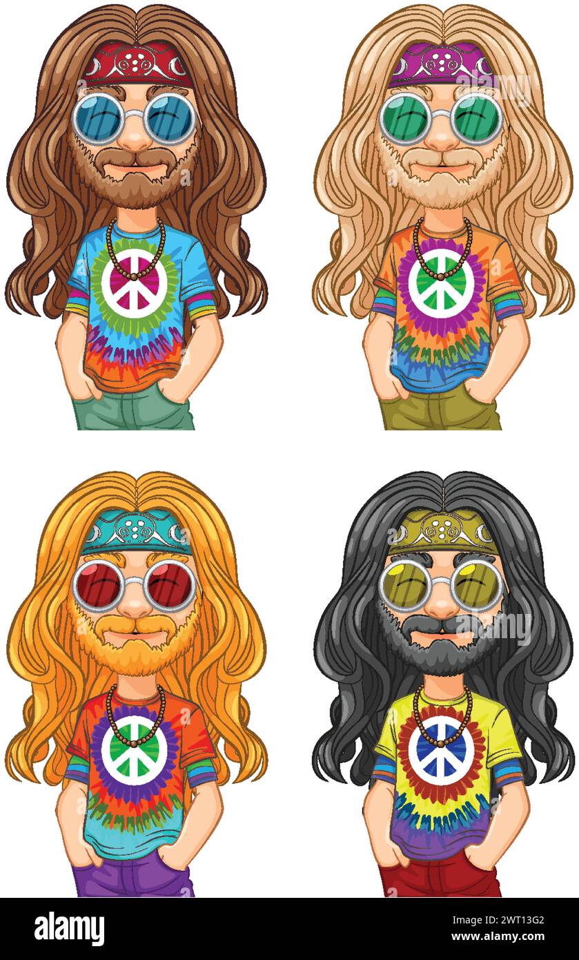 Four hippie characters with vibrant tie-dye shirts and sunglasses Stock