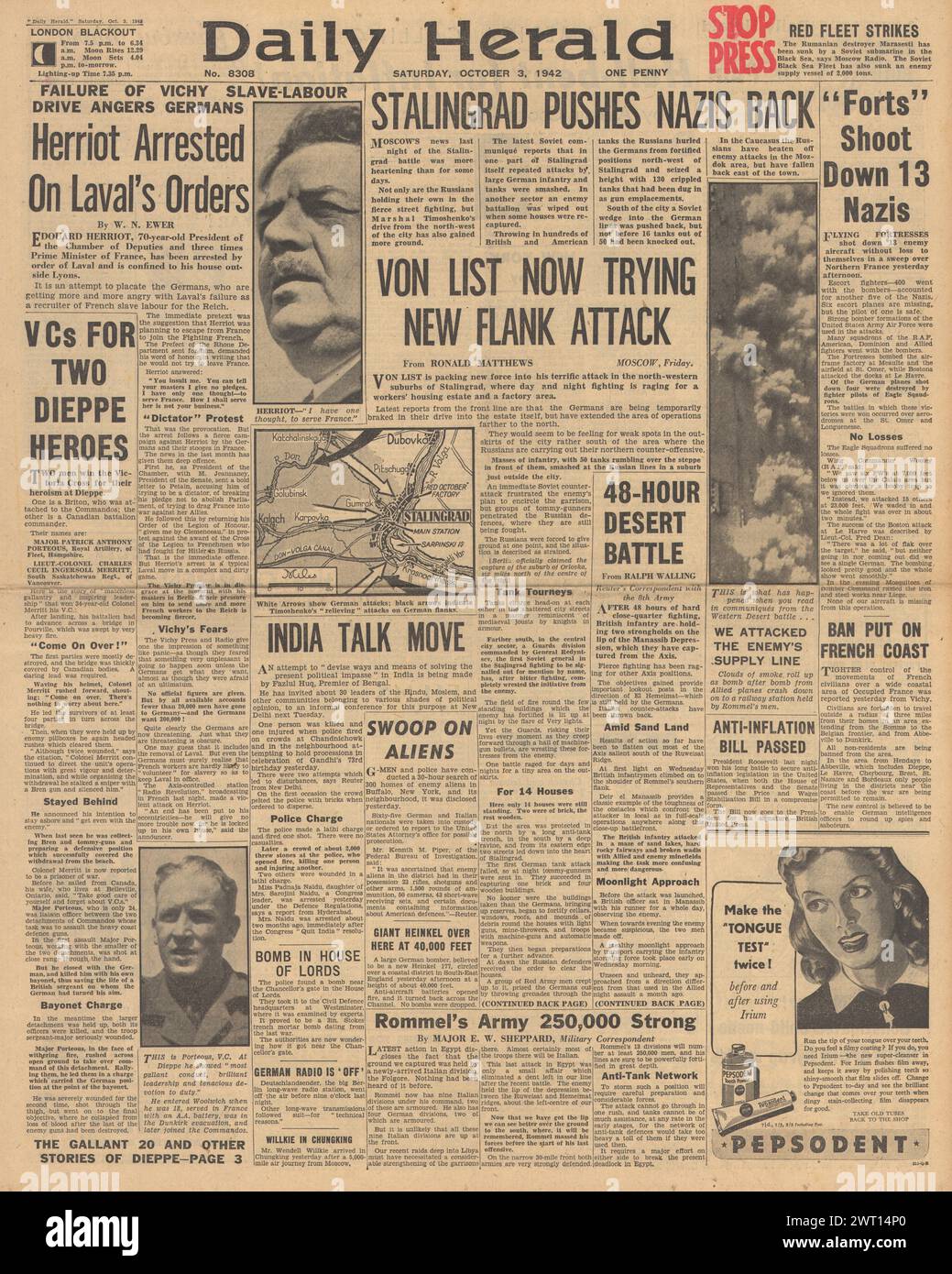 1942 Daily Herald front page reporting Battle of Stalingrad and British Army attack in North Africa Stock Photo
