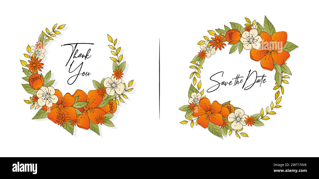 autumn leaves and flower border, illustration of flower wreath with vibrant color isolated white background, applicable for wedding invitation Stock Vector
