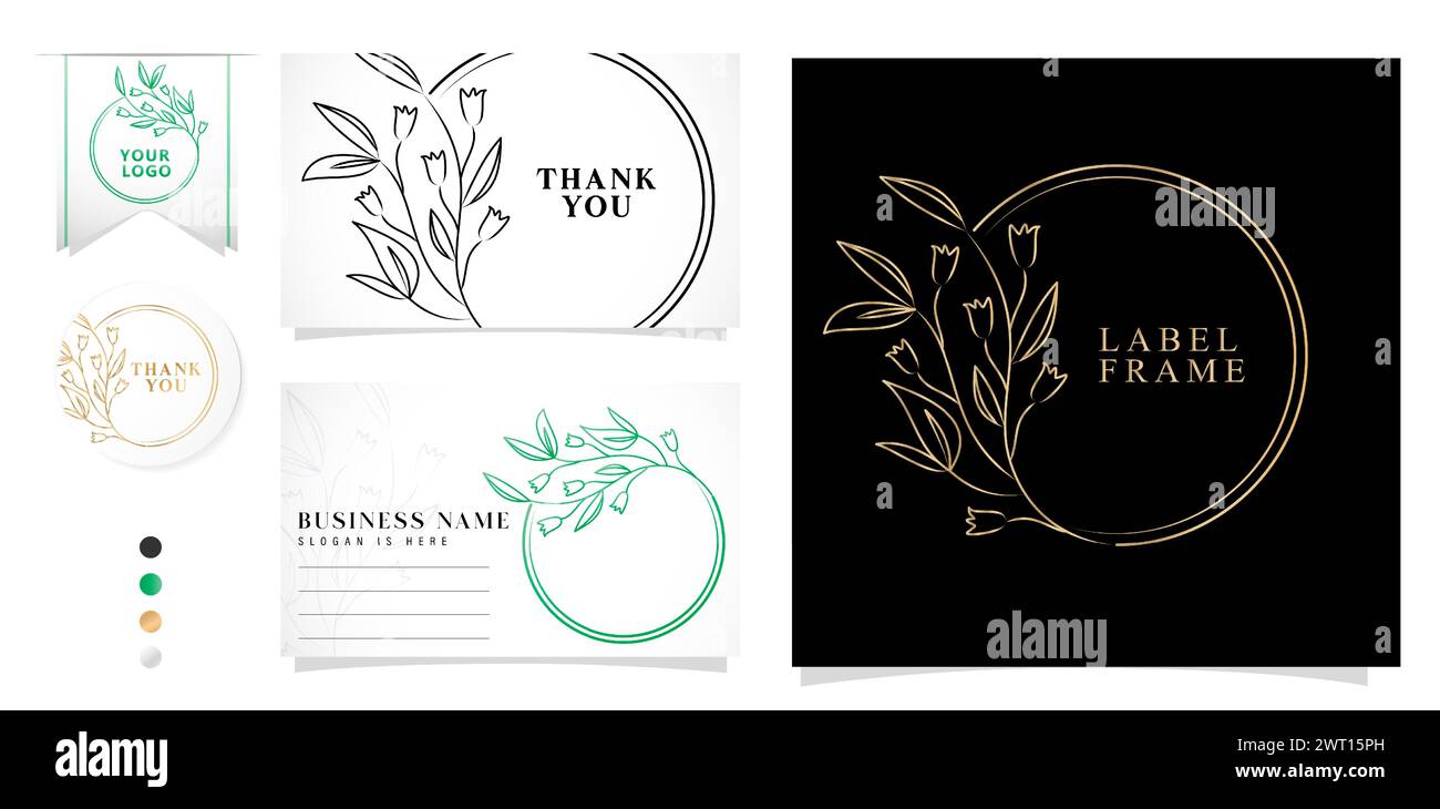 set of design elements floral frame with wreath flower leaves, illustration of label brand and packaging product, applicable for wedding invitation Stock Vector