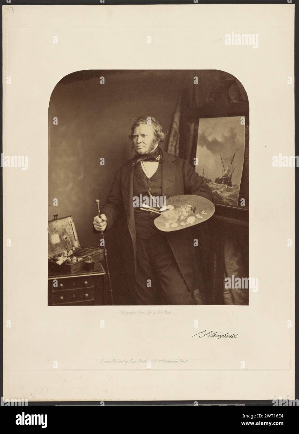 Clarkson Frederick Stanfield. William Lake Price, photographer (British, 1810 - 1896) about 1857 Painter Clarkson Stanfield stands in front of an easel, holding a cane in his left hand and an artist’s palette in his right. The unfinished painting behind him features a sailing ship in a stormy sea. (Recto, mount) upper left, in pencil: '117'; Lower left, in pencil: 'A53000'; Lower center, imprint in grey ink: 'Photographed from Life by Lake Price/ London Published by Lloyd Brothers & Co. 96, Gracechurch Street.' Lower right, in black ink: 'C. Stanfield' [signature of the subject]; in pencil: '0 Stock Photo