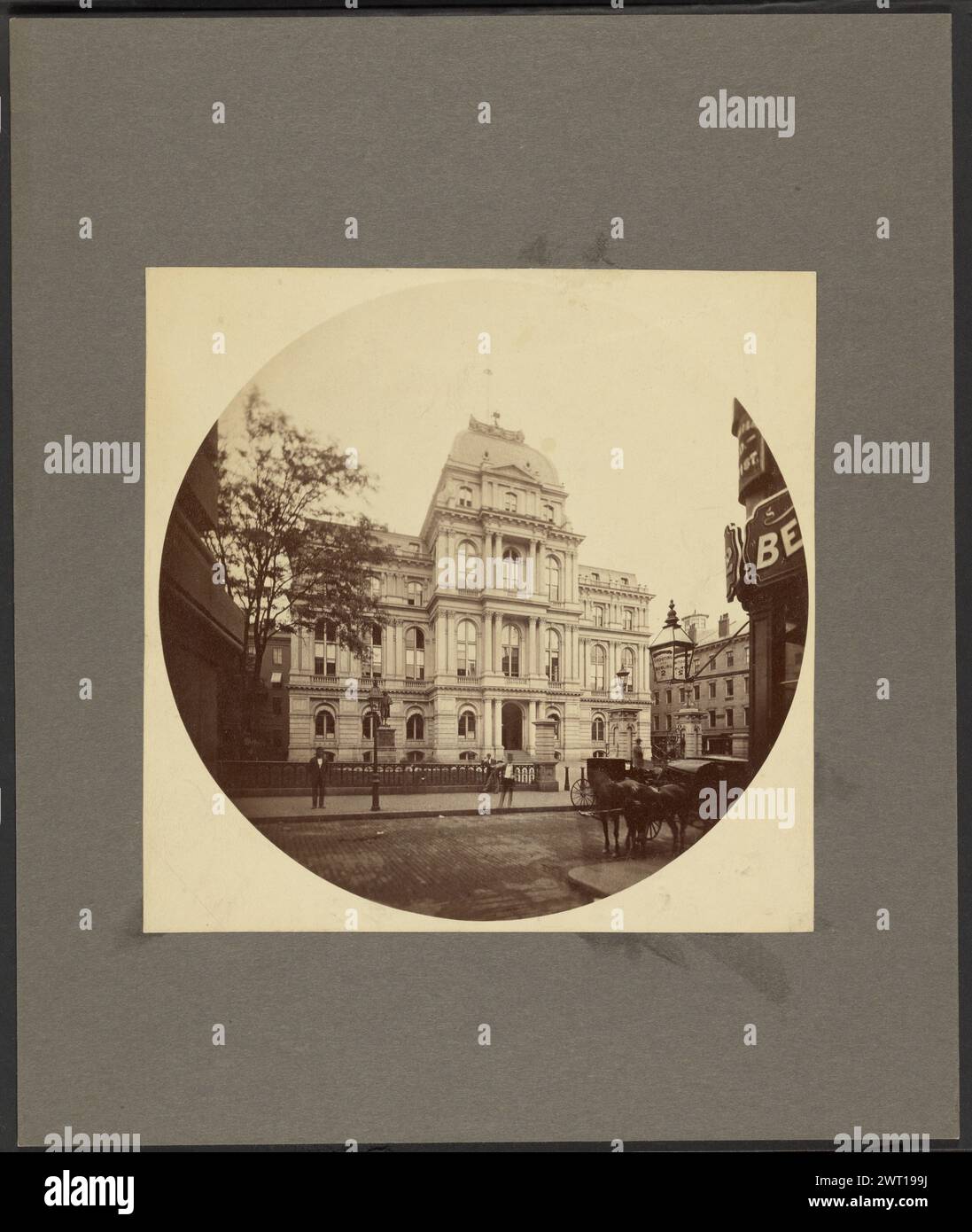 Old City Hall, Boston. Josiah Johnson Hawes, photographer (American, 1808 - 1901) about 1865–1870 The Old City Hall building, a building in the French Second Empire style. The building has three levels lined with tall, arched windows and is topped with a square dome. Three men are standing on the sidewalk in front of the building and horse-drawn carriages are traveling down the road. (Verso, mount) lower left, pencil: 'Ple 14, 8'; Stock Photo