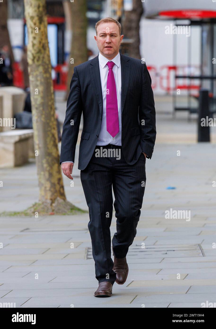 London, UK. 15th Mar, 2024. Former Trader, Tom Hayes, arrives at the High Court. The cases of Tom Hayes and Carlo Palombo have been referred to the court by th e Criminal Case Review Commission (CCRC). The two traders were convicted and jailed over LIBOR manipulation. Credit: Mark Thomas/Alamy Live News Stock Photo