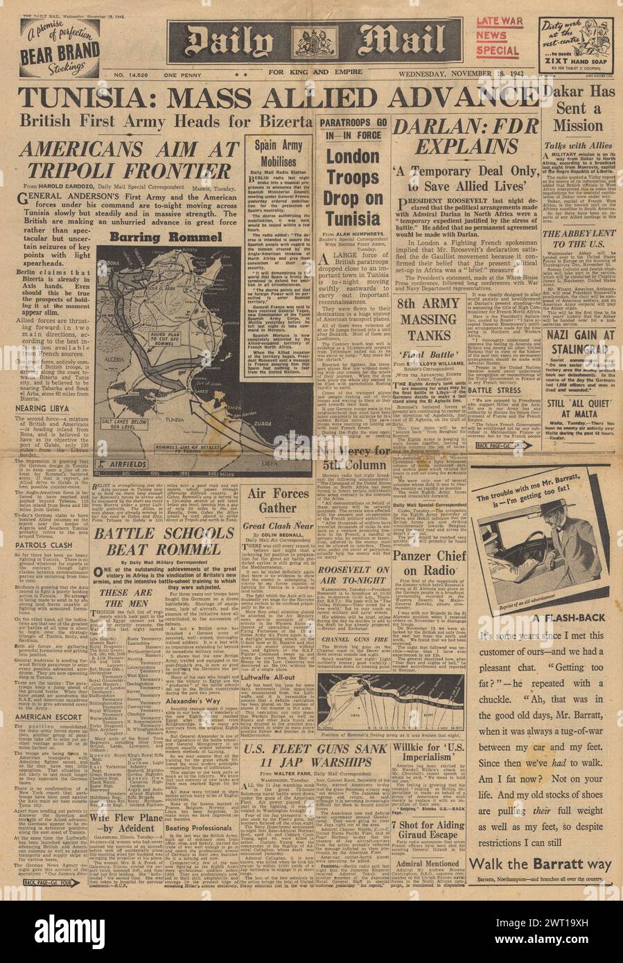 1942 Daily Mail front page reporting Battle for North Africa and Allies advance in Tunisia Stock Photo