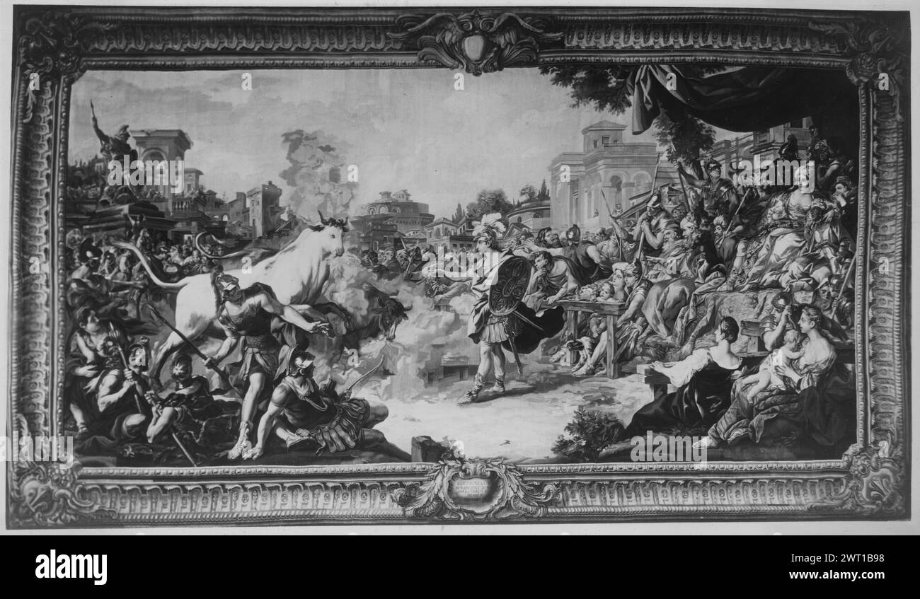 Jason subdues the fire-breathing bulls of Mars (Ares) with enchanted herbs. Troy, Jean François de (French, 1679-1752) (author of design & cartoon creator) [painter] Chevillon (French, act. 1740-1760) (author of design, borders) [painter] Audran, Michel (French, b.1701-d.1771) (workshop) [weaver] Cozette, Pierre-François (French, b.1714-d.1801) (workshop) [weaver] c. 1749-1793 Tapestry Dimensions: H 14' x W 25' Tapestry Materials/Techniques: unknown Culture: French Weaving Center: Paris Ownership History: French & Co.?. United States, Connecticut, Hartford, Wadsworth Atheneum, accno. 1946.146. Stock Photo