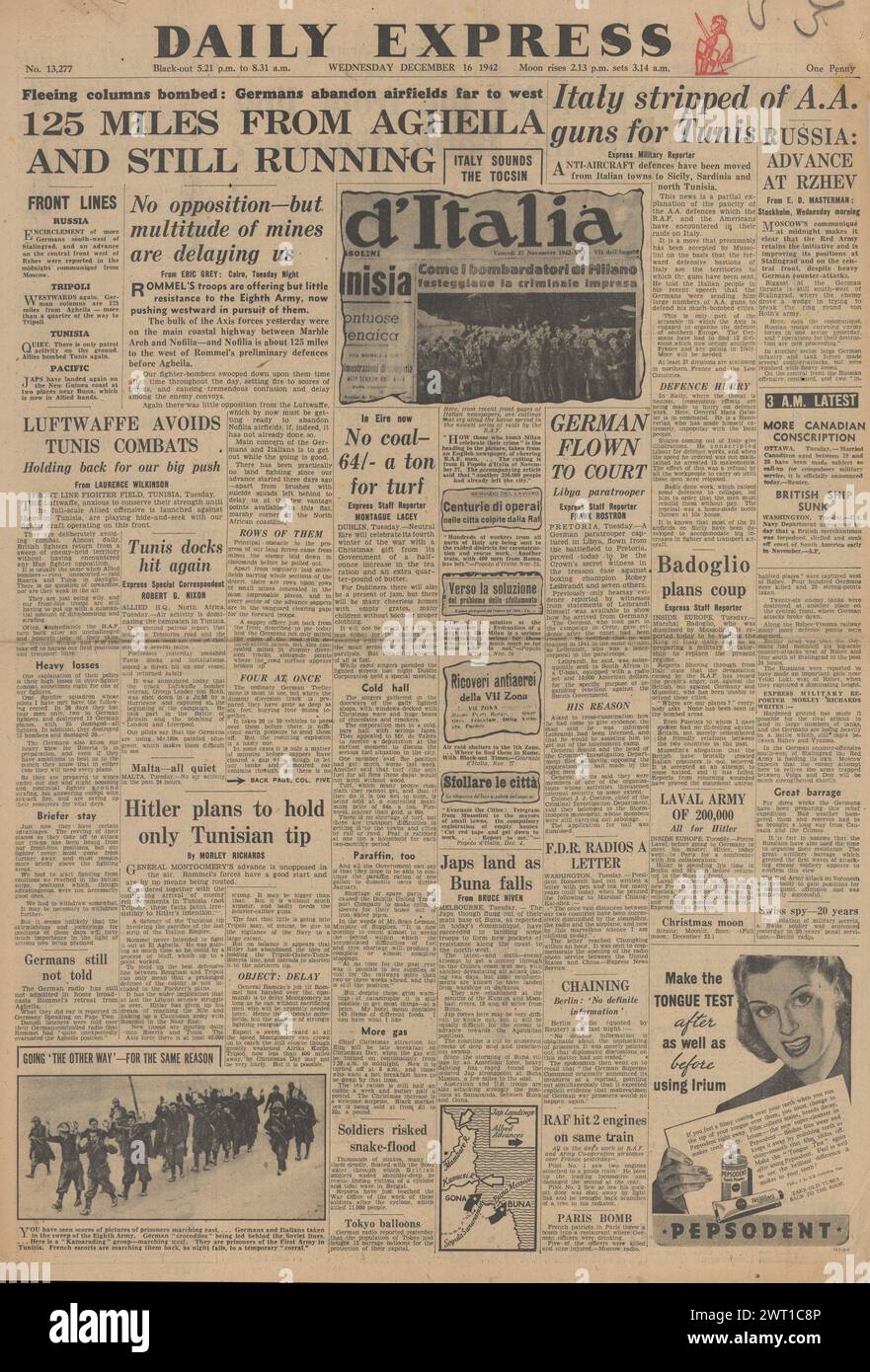 1942 Daily Express front page reporting German Army retreat in North Africa Stock Photo