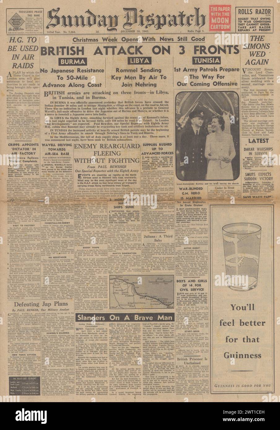 1942 Sunday Dispatch front page reporting Battle for North Africa and British Army enter Burma Stock Photo