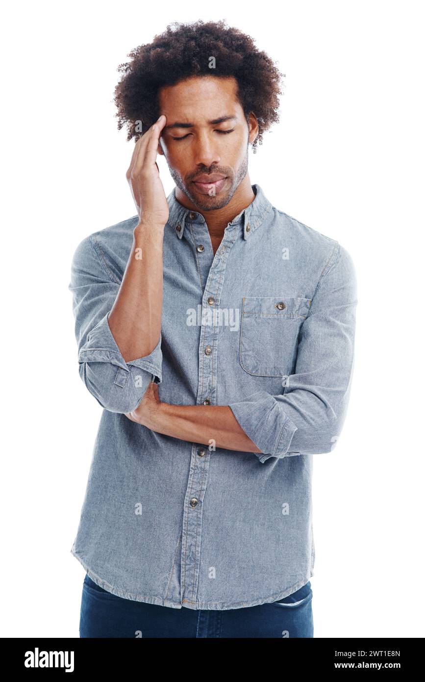 Man, headache and stress pain in studio with dizzy pressure for brain