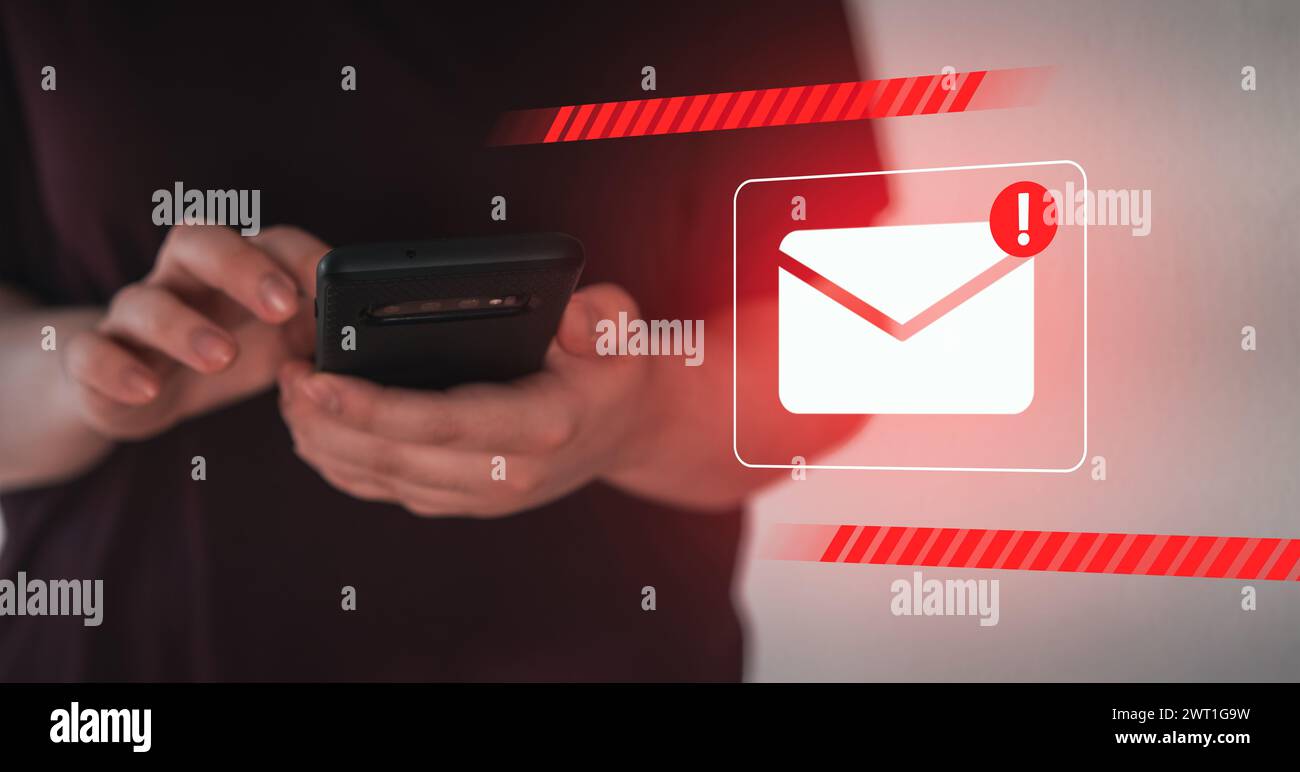 Woman receiving spam virus notification as hologram interface. Protect against internet dangers. Junk and trash mail. Compromised information. Stock Photo