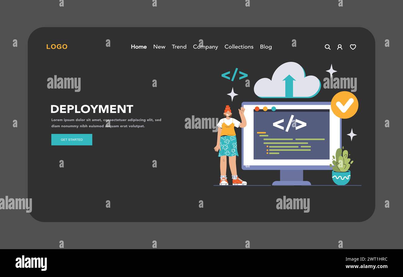 DevOps web banner or landing page dark or night mode. Software development and it operations life cycle, programming and IT service integration and automation. Flat vector illustration Stock Vector