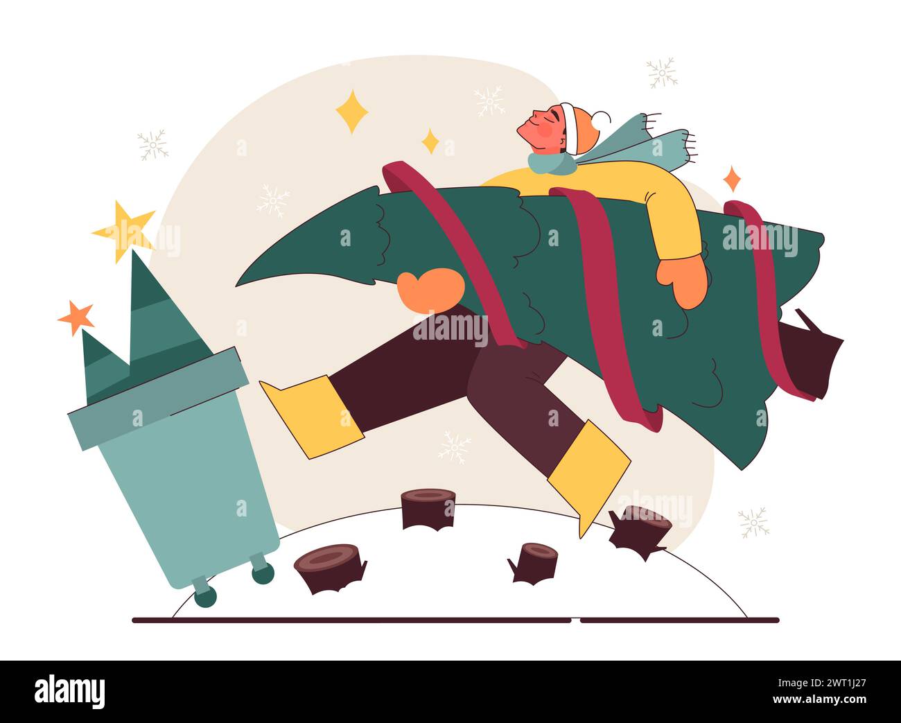 Christmas' negative impact on environment. Man throwing away a