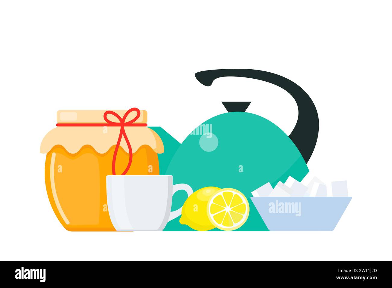 Tea collection, honey and lemon. Breakfast time composition. Vector illustration Stock Vector