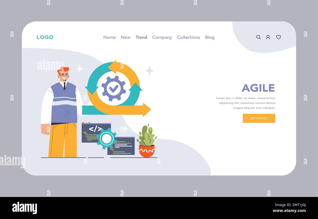 DevOps web banner or landing page. Software development methodology. Software development and it operations life cycle, IT service integration and automation. Flat vector illustration Stock Vector