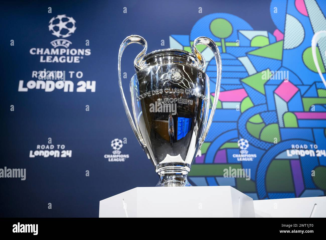 the-champions-league-trophy-is-pictured-during-the-quarter-final-draw