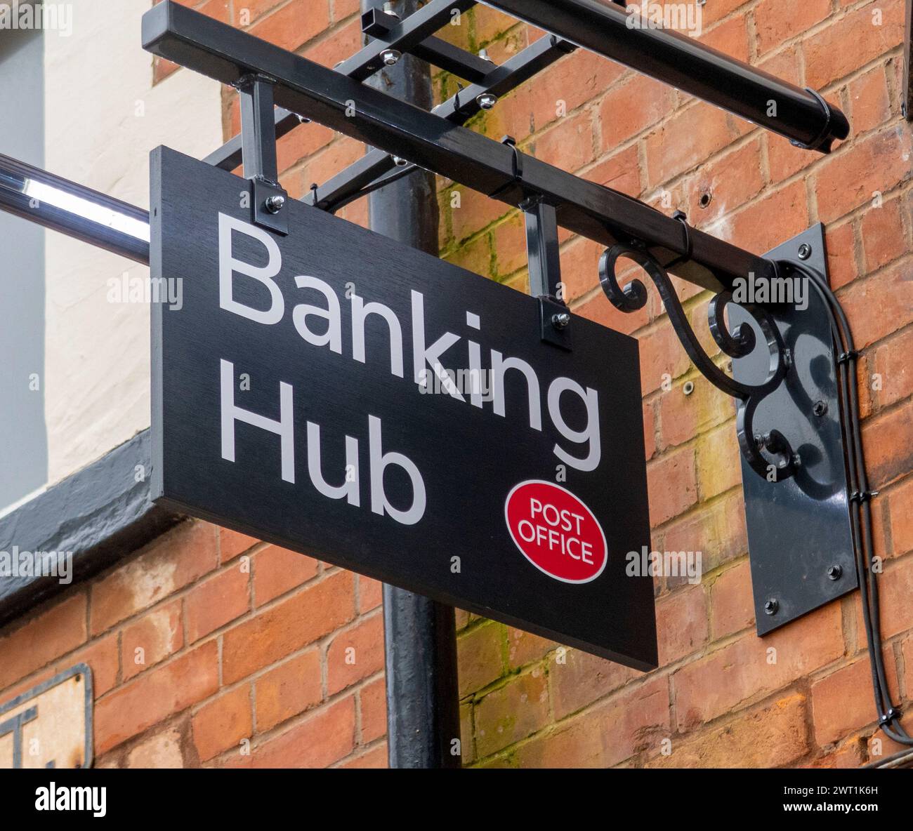 Sign outside a new Post Office banking hub nearing completion in Sidmouth, Devon. High Street banks continue to close in smaller towns Stock Photo
